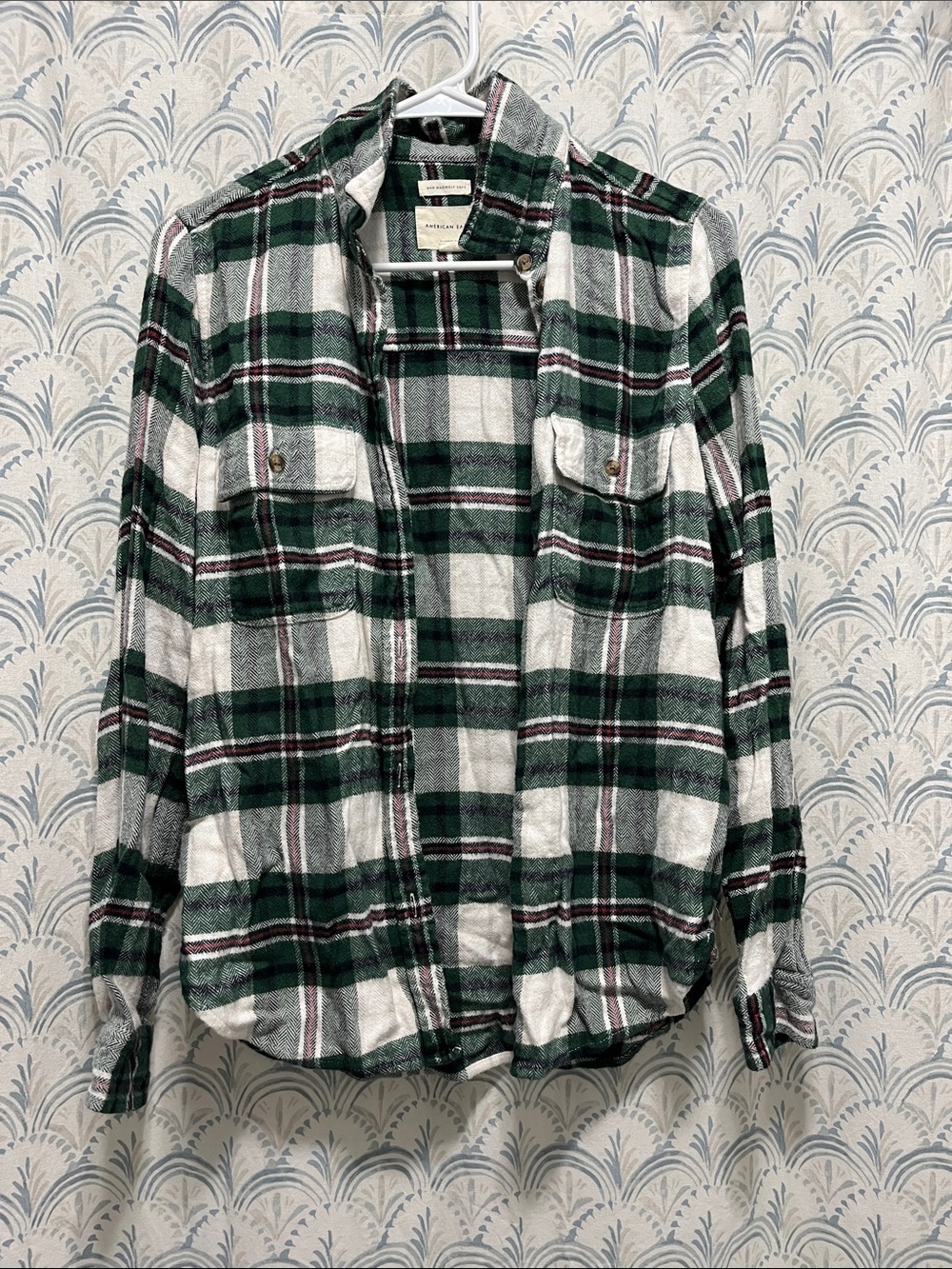 American Eagle Outfitters Green and White Plaid Button-Down Shirt